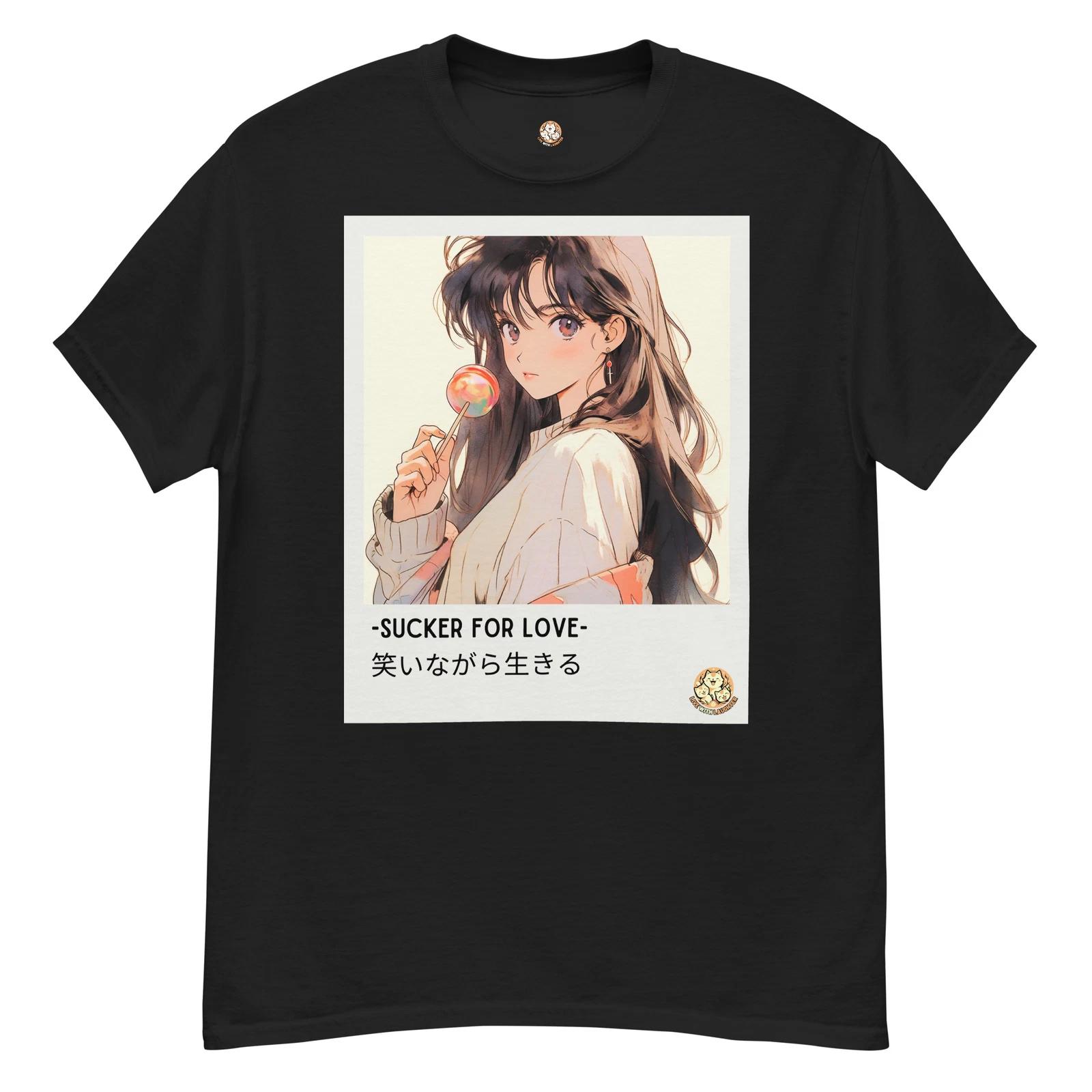 Live With Laughter Novelty Graphic Anime T-Shirt - Sucker For Love (Black) L