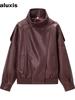 New Motorcycle Stand Collar Leather Jacket Women Loose Short Vintage PU Leather Coat Outerwear Popular Style