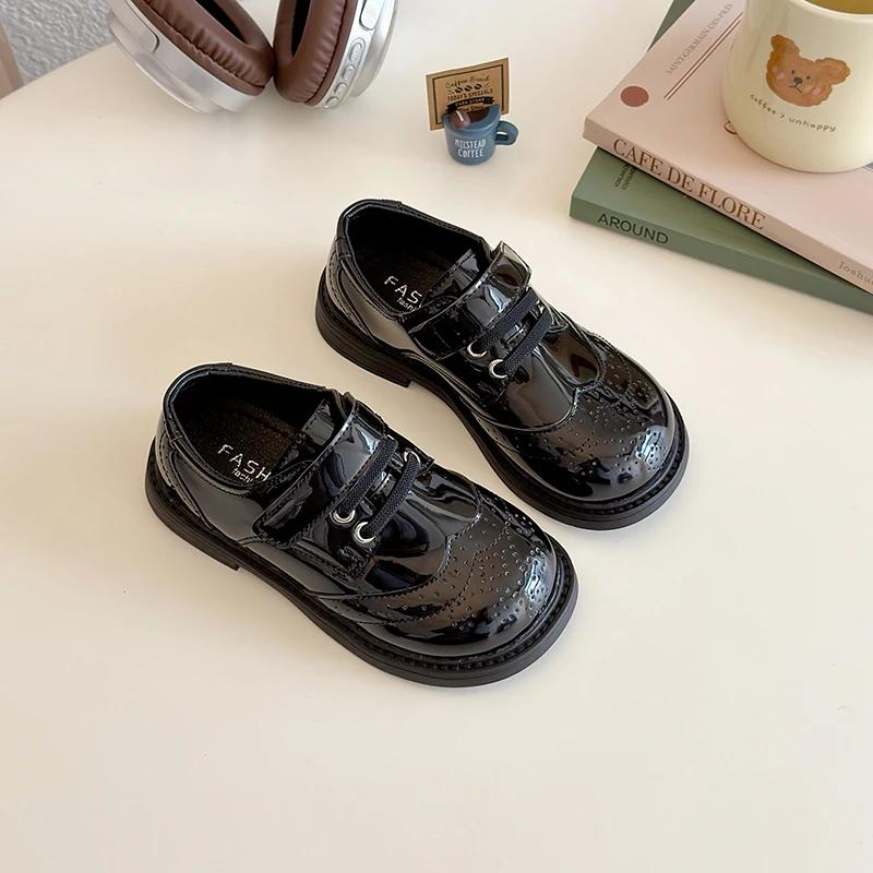Kids Leather Shoes Black Glossy Girls School Uniform Shoes Retro Hook&loop New Boys Flat Shoes British Style Soft Sole