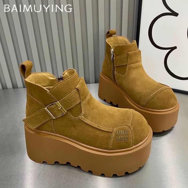 Platform Women Snow Ankle Bootas Suede Short Plush Cotton Mid Heels Shoes 2025 Trend Winter Warm Cozy Zippers Botas De Mujer