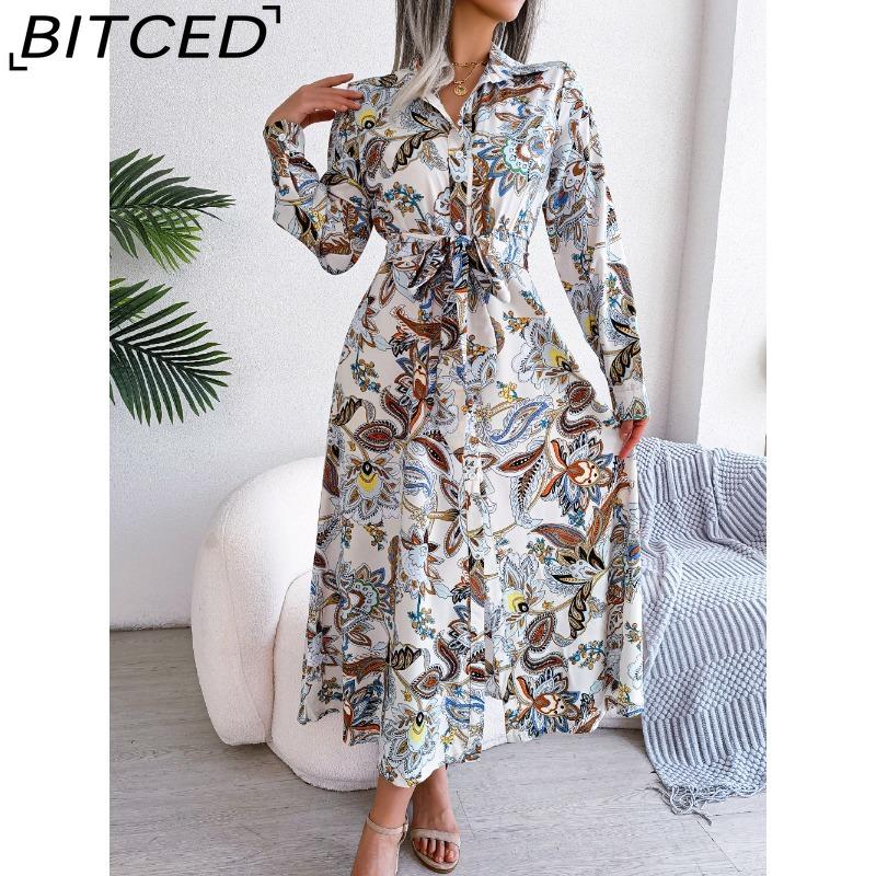 BITCED Women's Retro Floral Collar Long Sleeve Shirt Dress for Spring Summer