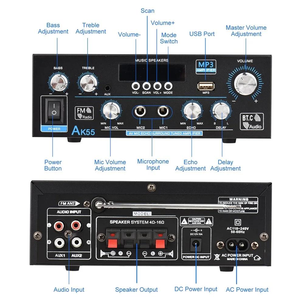 Amplificatore Digitale HiFi AK55 Canale 2.0 Bluetooth Suono Surround AMP Potenza Massima 90Wx2 Altoparlante per Casa Auto BT 5.0 Audio AMP
