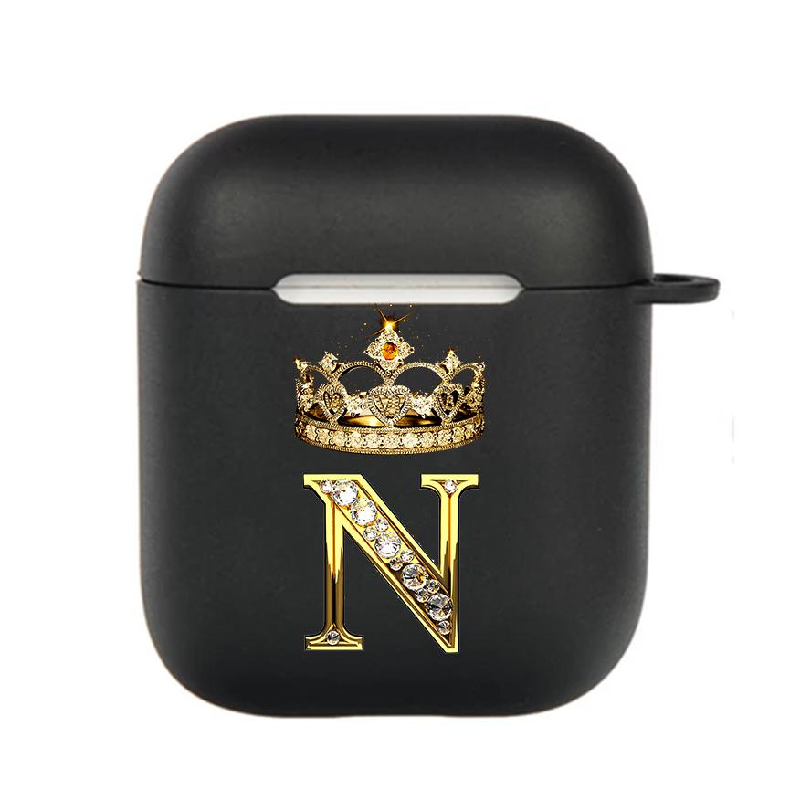 Diamond Crown Letter 26 With Hook Case For AirPods 2 3 1 Cases For Apple AirPods Pro 2 Coque Black TPU Soft Earphone Cover