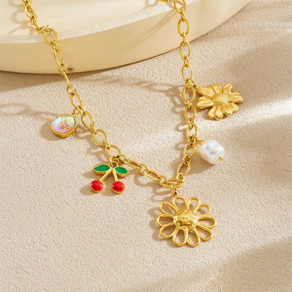 DIEYURO 316L Stainless Steel Golden Hollow Flower Cherry Pearl Pendant Necklace Women New Fashion Neck Chain Jewelry Glamorous