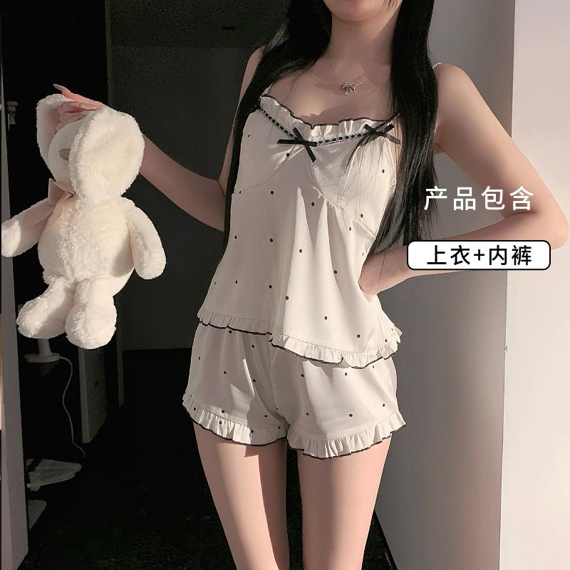 

[Slightly drunk moment] Women s summer new suspender polka dot lace edge with chest pad ice and snow silk loungewear thin L білий
