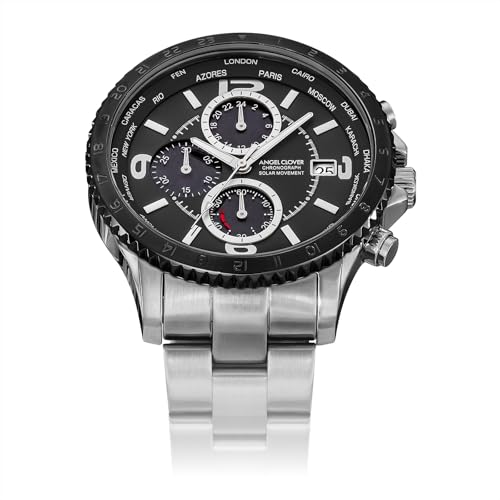 Angel Clover Men's Watch, MONDO SOLAR, Solar Battery, 10 ATM Water Resistance, Mineral Glass, Black Dial, Stainless Steel, NMOS44SBBK, Silver
