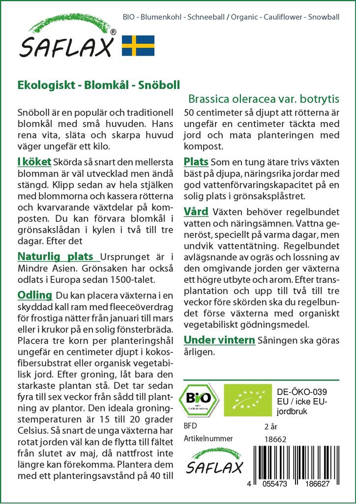 SAFLAX Garden In the Bag - Organic - Cauliflower - Snowball - 70 Seeds - With Substrate In a Fitting Stand Up Bag - Brassica Oleracea