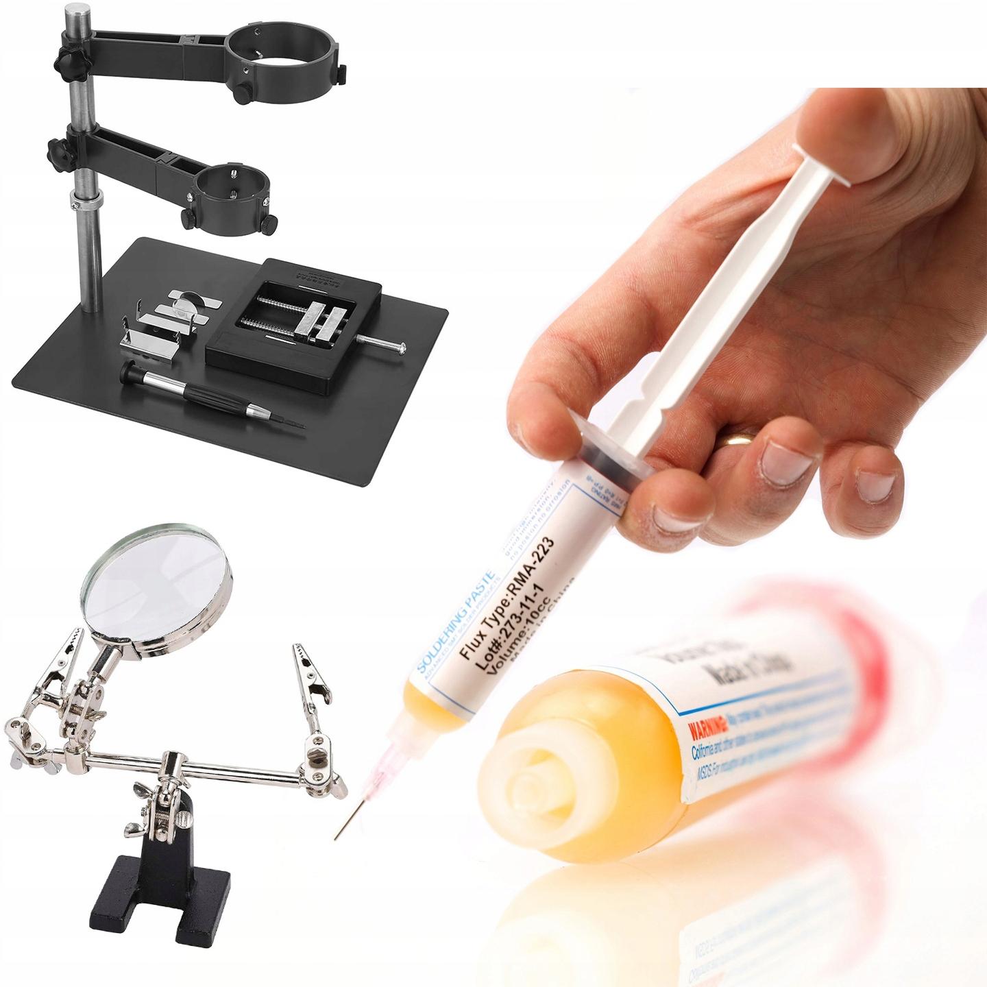 

Rosfix Platforma Montażowa z Uchwytem do Hotair i PCB – Idealna do Lutowania | Wysoka Jakość | Zestaw z Topnikiem RMA-223 i Lupą