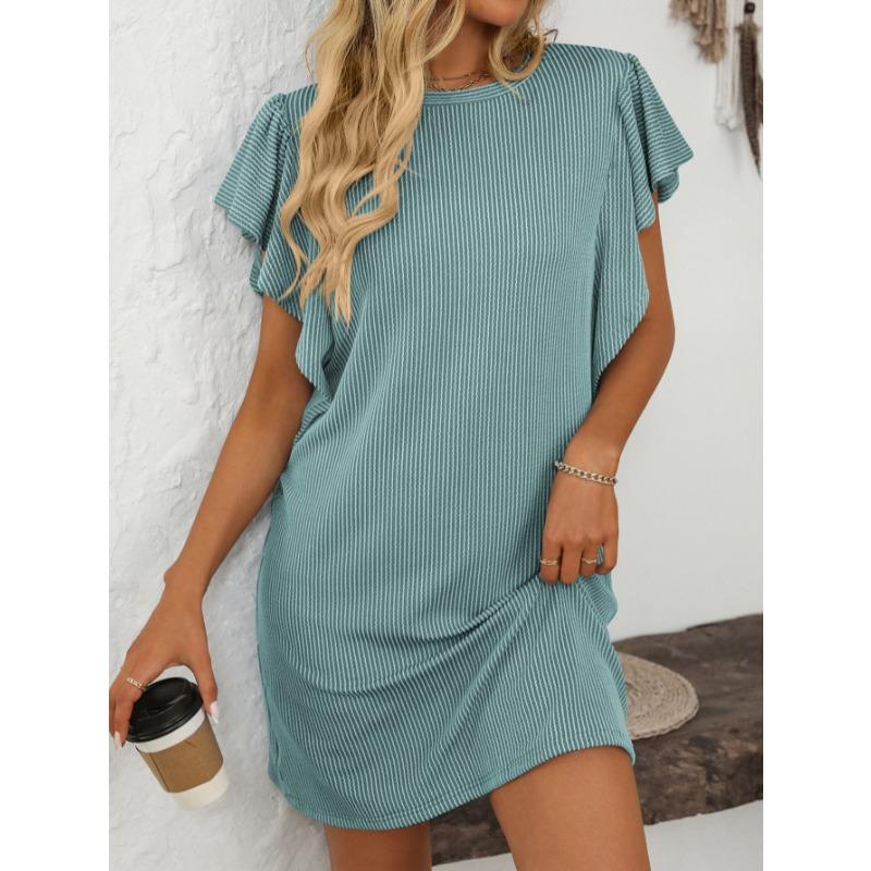 Summer Fashion Ruffled Short Sleeve Elegant Women Dress O Neck Loose Casual Simple A-line Stripes Party Short Dresses New Women's Clothing