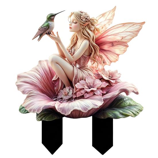 Flower Fairy Garden Stake, 2D Acrylic Fairy Decoration, Flower Fairy Hummingbird Yard Art Stake, Waterproof Outdoor Decor for Lawn Flower Bed Planter A