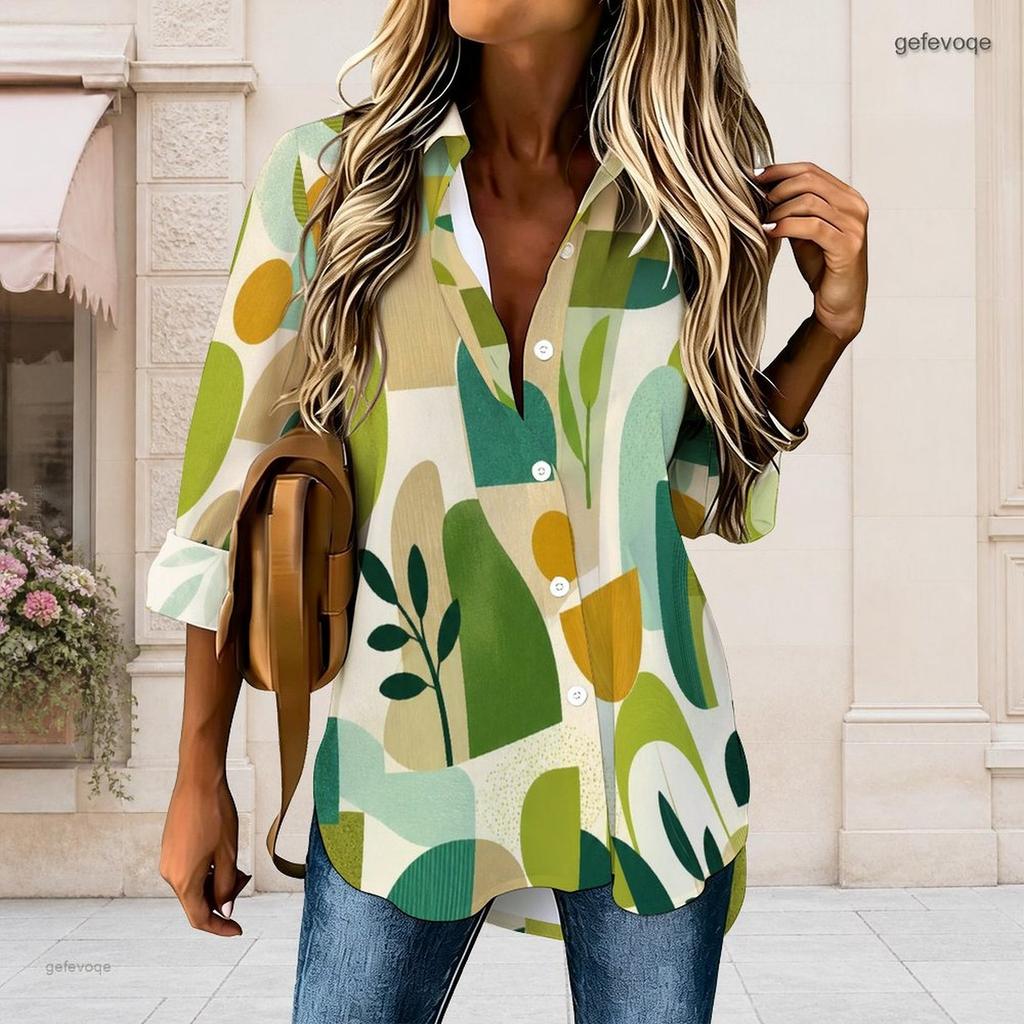 Women Plus Size Geometric Printed Collared Long Sleeve Button Front High Low Curved Hem Shirt