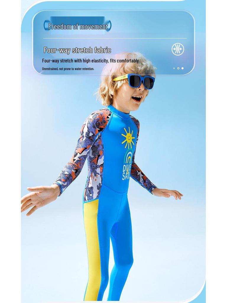 Boys' UPF50+ Long-Sleeve Quick-Dry Swimsuit for Training & Hot Springs
