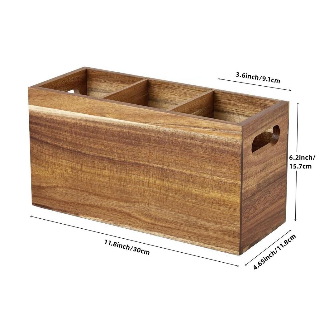Wood Utensil Holder for Kitchen Counter 3 Compartment Large Cutlery Holder Caddy Organizer for Silverware Fork Spoon Spatula