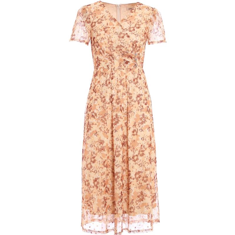 Gentle and Fashionable Printed V-neck Short Sleeved Dress for Women In Summer, Age Reducing and Slimming A-line Skirt