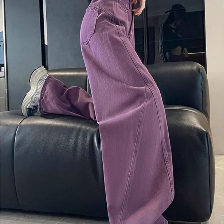 Chic Anti-Aging Purple High-Waisted Korean Wide-Leg Jeans with Yellow Duck Print for Women - Winter Casual Style