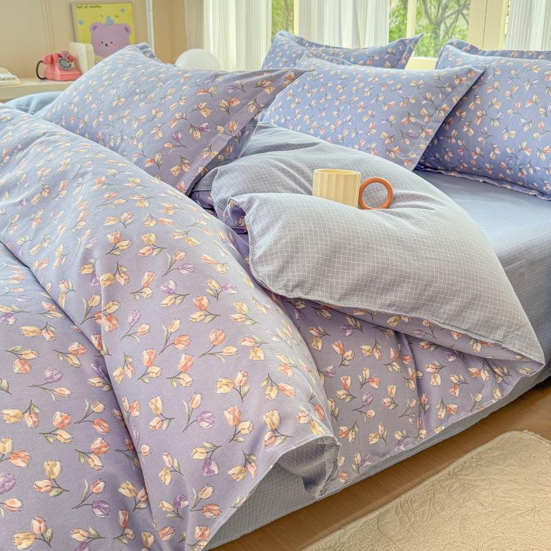 Cotton 4-piece Set Thickened Brushed Fresh Cotton Bed Sheet Quilt Cover Hats Models Dormitory 3-piece Set