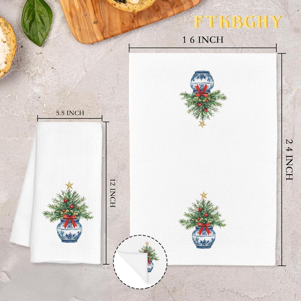 Chinoiserie Christmas Kitchen Towels, Grandmillennial Christmas Decor, Coquette Red Bow Xmas Tree Decorative Dish Hand Tea Towels for Bathroom