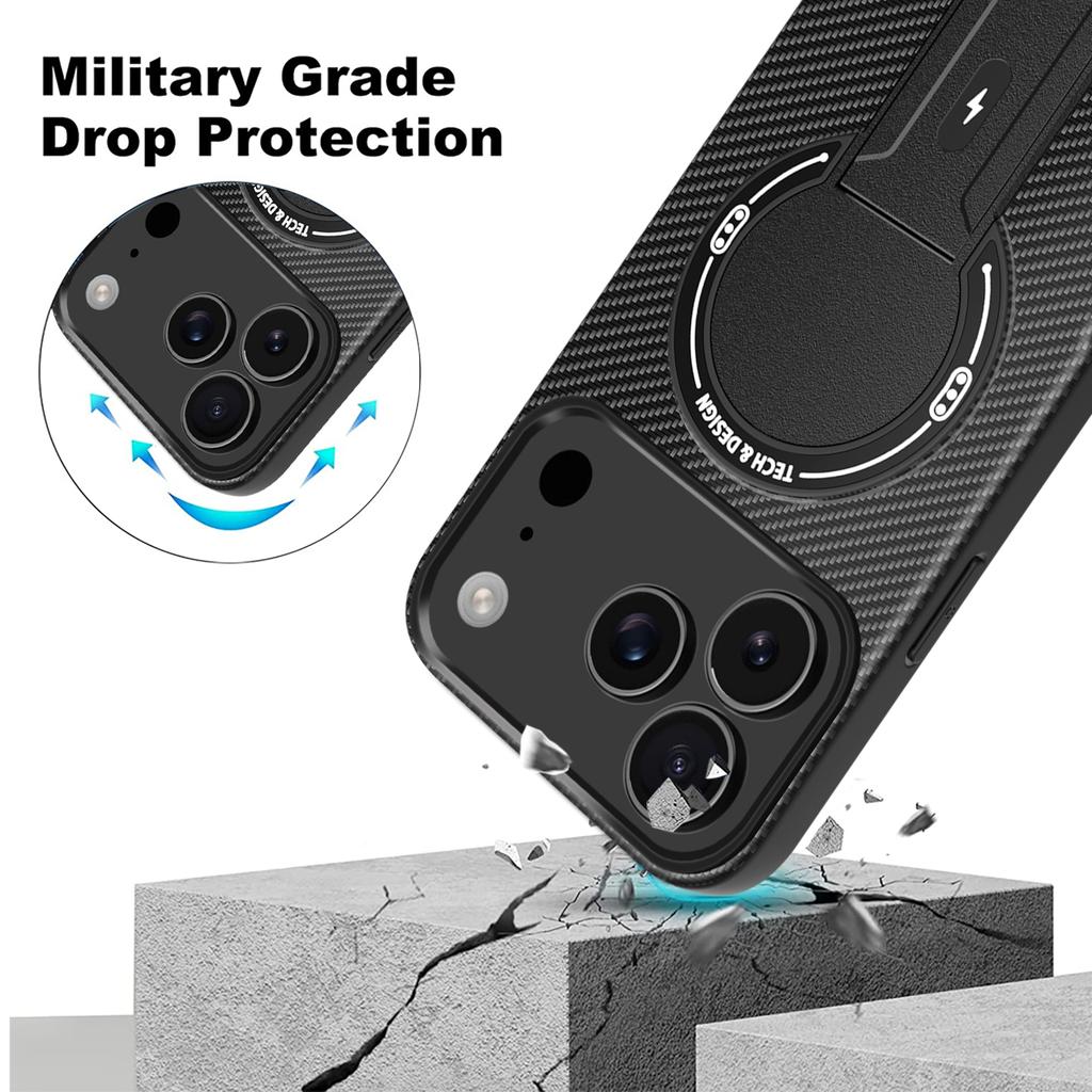 For iPhone 17 Pro Case with Kickstand Carbon Fiber Texture PC+TPU Phone Cover