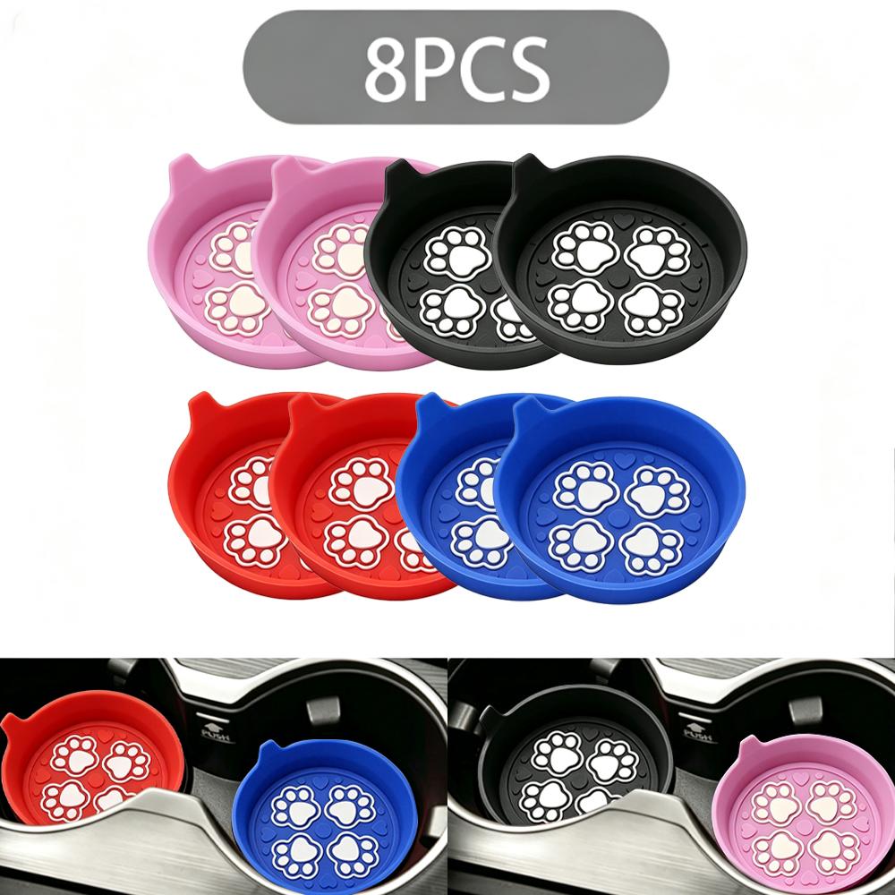 2/8PCS Cat Paw Print Pattern Car Cup Holder, Cup Mat, Car Water Cup Mat, Silicone Anti Slip Bottle Mat, General Motors Interior