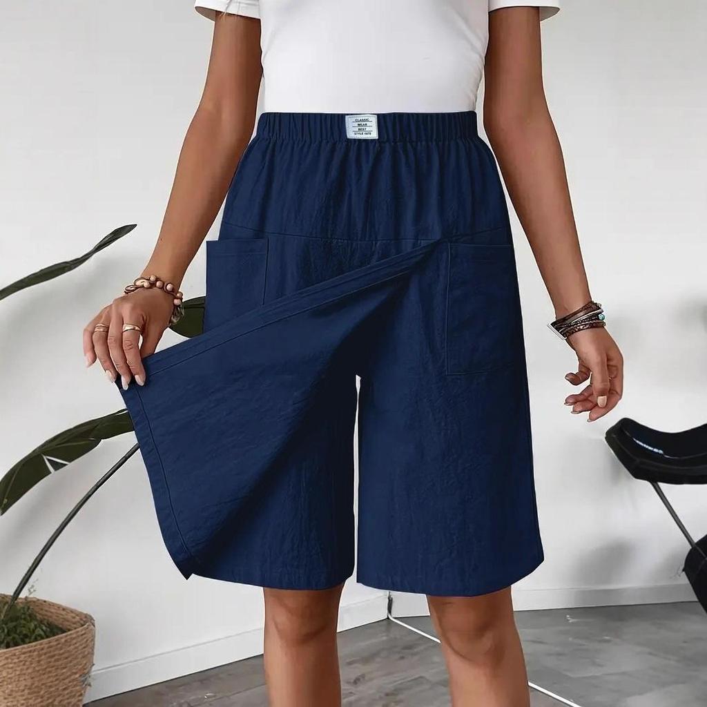 Damen elastischer Bund Skort Lässige einfarbige Leinenmischung Shorts mit Taschen