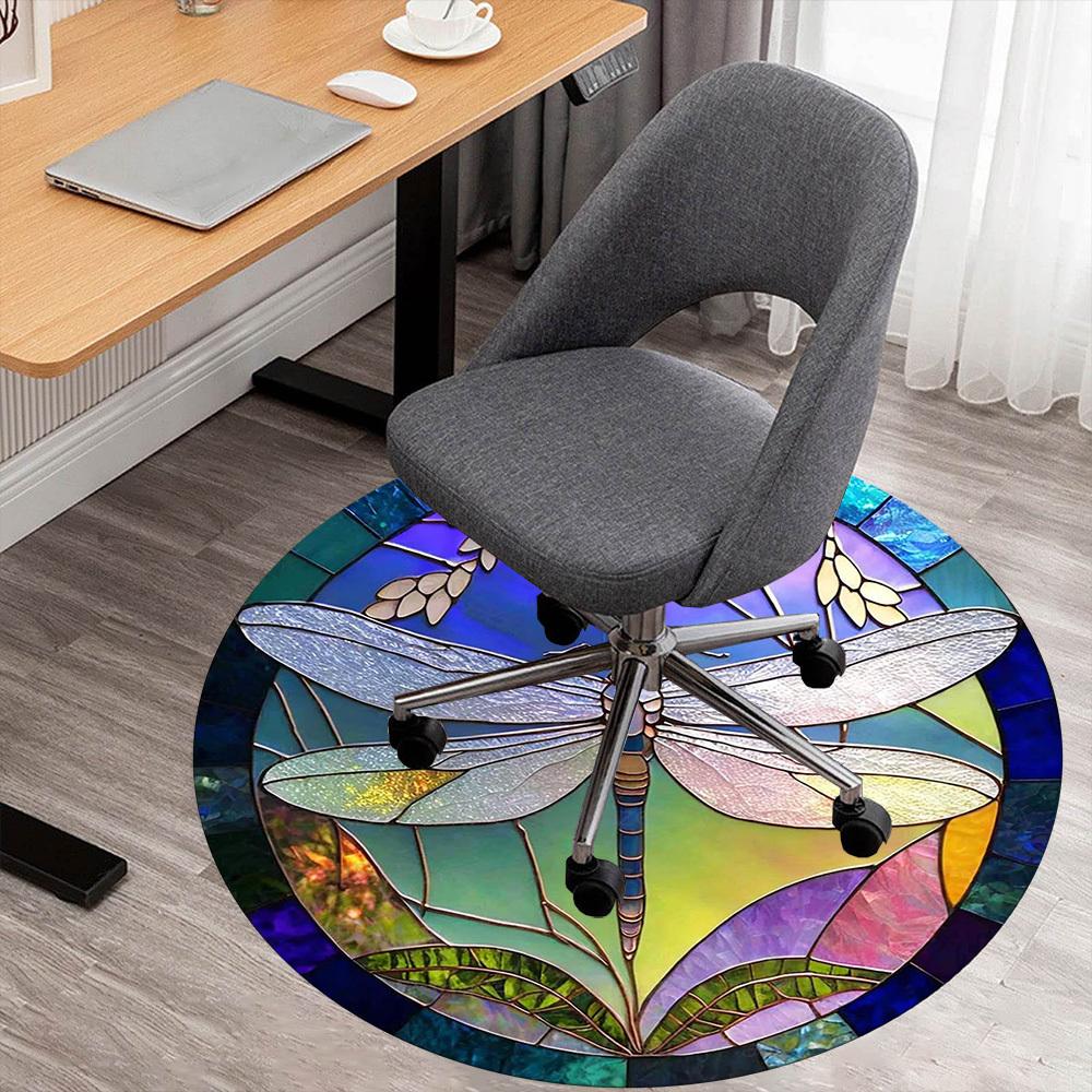 1pc Dragonfly Stained Glass Round Chair mat office Area Rug - Non-Slip, Floor Mat for Office, Bedroom, Ideal home decor gift c0112035