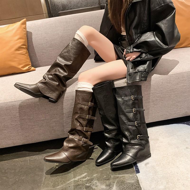 Belt Buckle~ Pants Boots Thick Heel Boots Long Boots Female European and American Babes High Boots Pointed Black Trousers Boots Fried Street