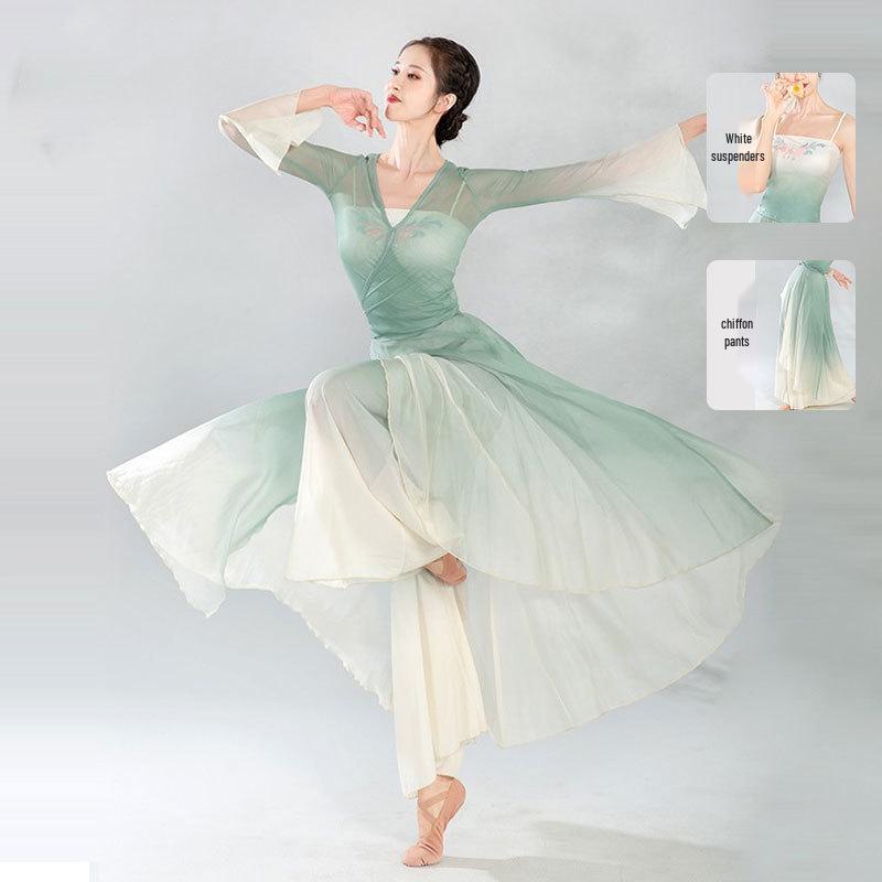 Elegantes chinesisches klassisches Tanzgaze-Kleid - Schlankmachendes Feenstil-Auftrittskostüm