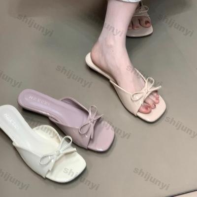 Sandales plates à bout carré 2026 Nouvelles d'été à enfiler Mode Nœud papillon Tongs à une bride Légères Confortables Chaussures décontractées