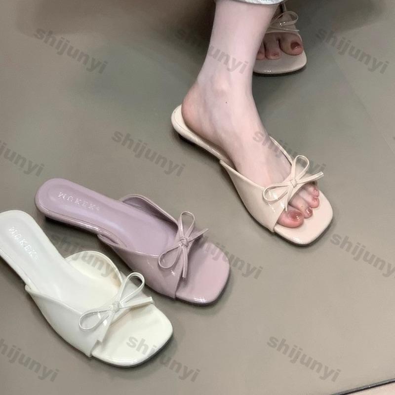 Fashion Square Toe Flat Sandals 2025 Summer New Slip On Fashion Bow-knot One Word Slippers Lightweight Comfortable Casual Shoes