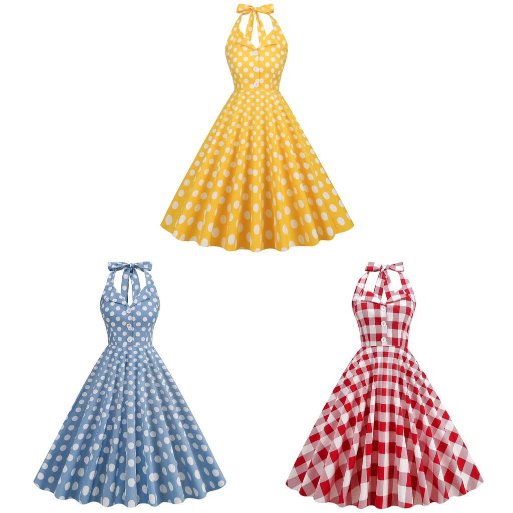 Vintage Dot Print Vneck Sleeveless Midlength Dress For Women