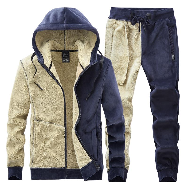 Tuta da uomo autunno inverno, spessa e calda, con cappuccio e pantaloni, set casual da uomo, cappotto + pantaloni, completo in velluto, 2 pezzi, abbigliamento sportivo