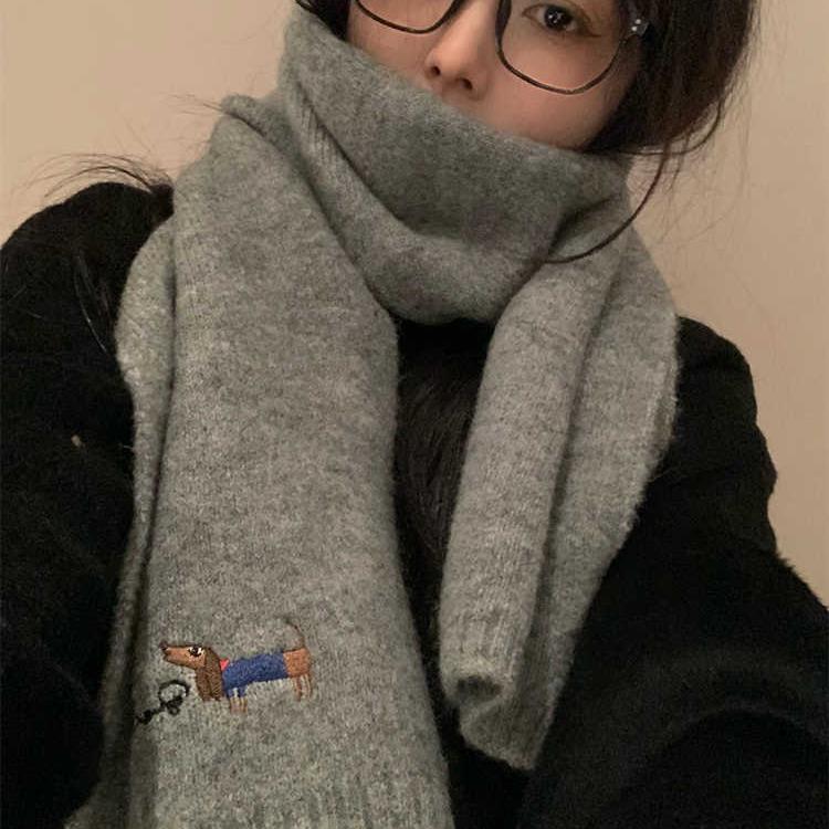 Japanischer Niedlicher Welpe Bestickter Kaschmir Strickschal Damen Saison Warm Studenten Paar Wollschal