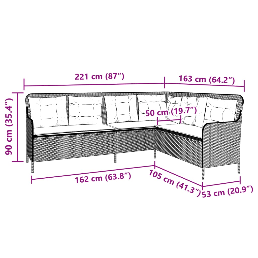 L Shaped Garden Sofa with Cushions Black Poly Rattan