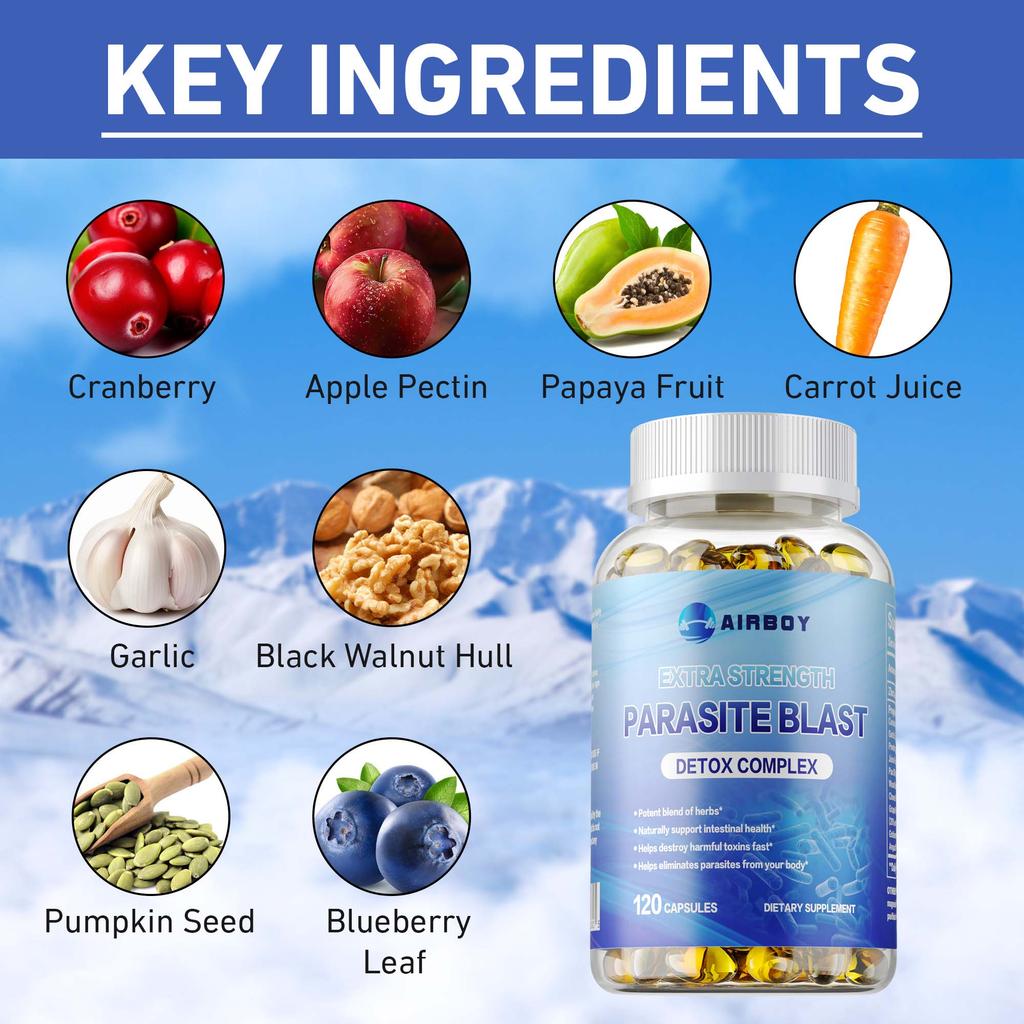 Le capsule Detox Complex aiutano a eliminare i parassiti e a mantenere la salute intestinale.. Sono vegani e adatti agli adulti.