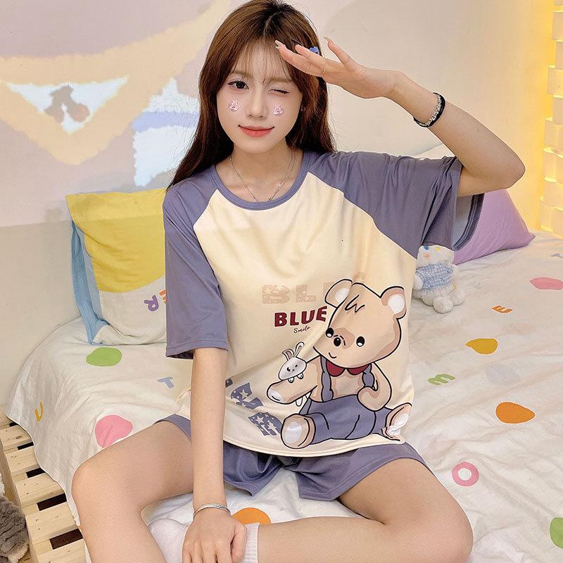 Summer energetic and cute little bear new style pajamas for women, cartoon short sleeve crew neck three-piece set loungewear, casual and suitable for