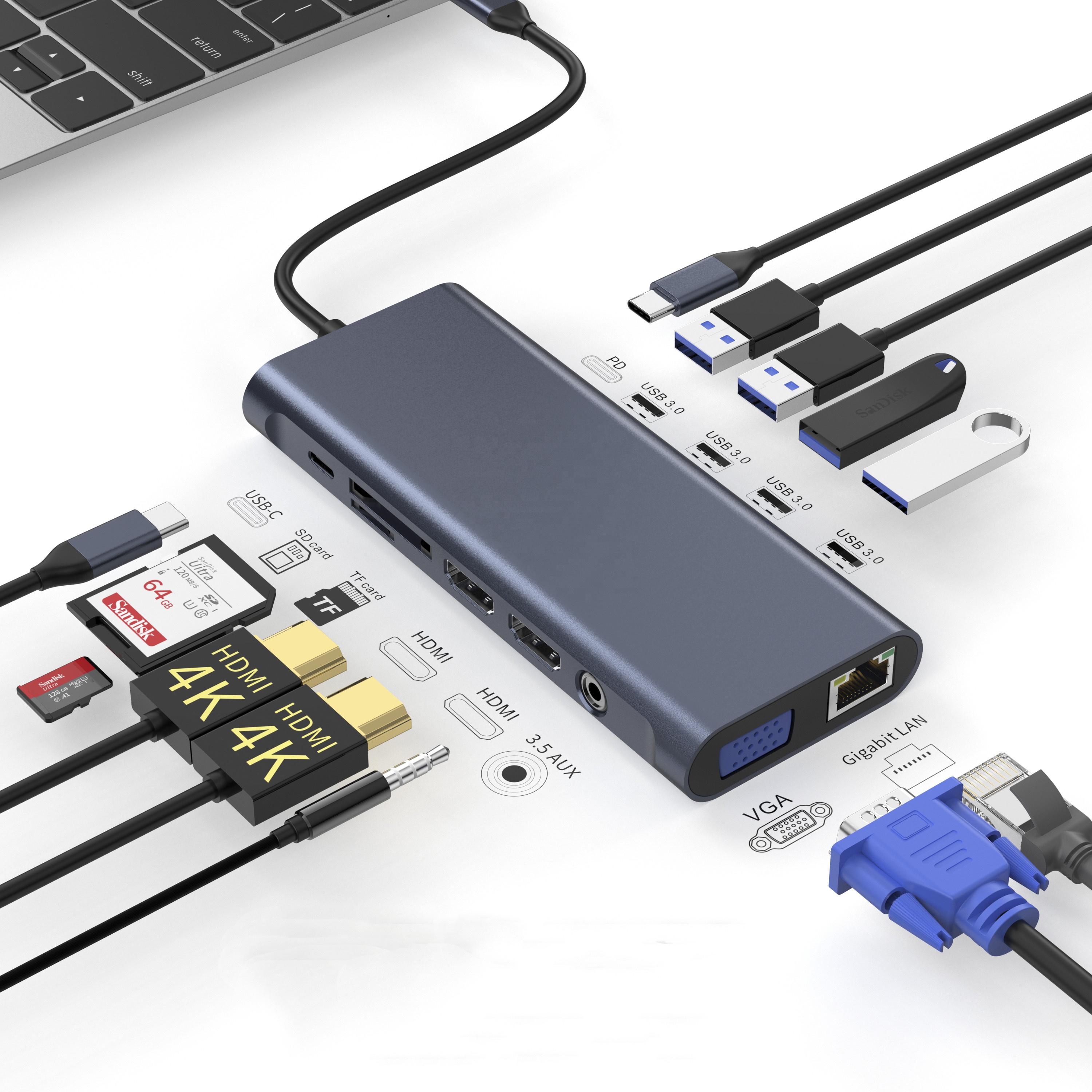 

13 in 1 USB C To 4K Dual HDMI Hub with Ethernet,VGA, Audio,4 USB,SD/TF Card, 2 USB-C for Macbook Pro and Samsung S9 S10 Etc серый