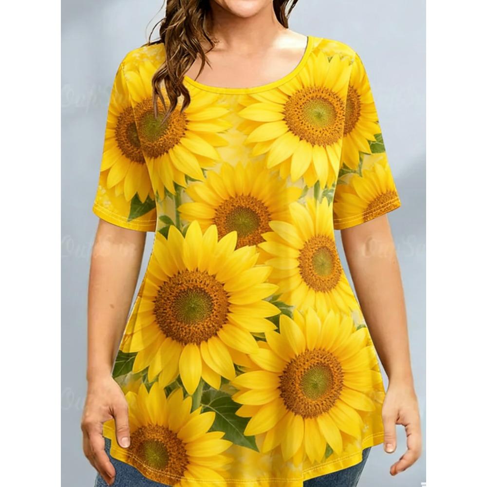 Ladies Summer Colorful Flower Butterfly Printed Large Loose Casual T-shirt Fashionable Comfortable Soft Breathable Short Sleeved T-shirt