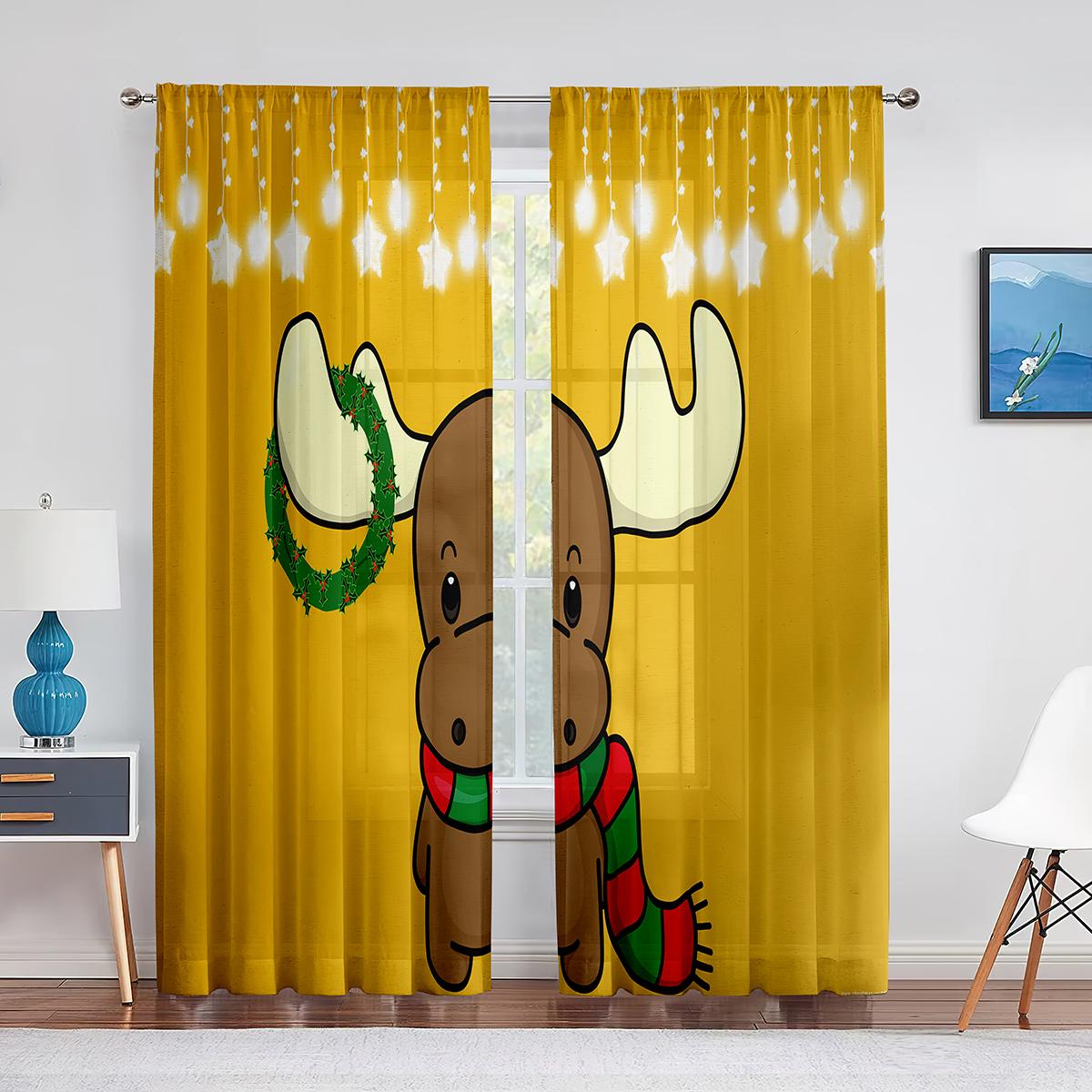 

Санта-Клаус представляет оленей Рождественские тюлевые прозрачные оконные шторы для гостиной, кухни, детской спальни, вуаль, подвесная занавеска 1 PCS W100XH250cm&Grommet Top