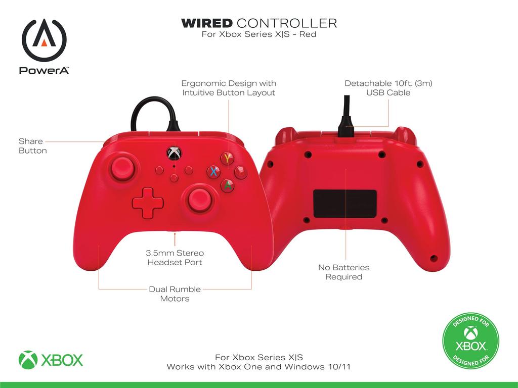 Year PowerA Wired Controller Xbox Series Xbox One PC for Windows Red Double Vibration Function [2 Warranty] XS 10/11 (Official Licensed) 1519366-01