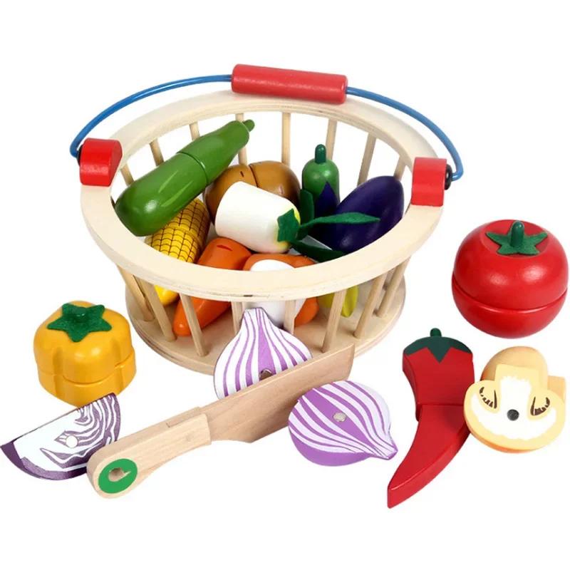 Wooden Magnetic Cut Food Toy Set - Emulational Fruits Vegetables Basket Educational Kitchen Play Game for Toddlers & Babies