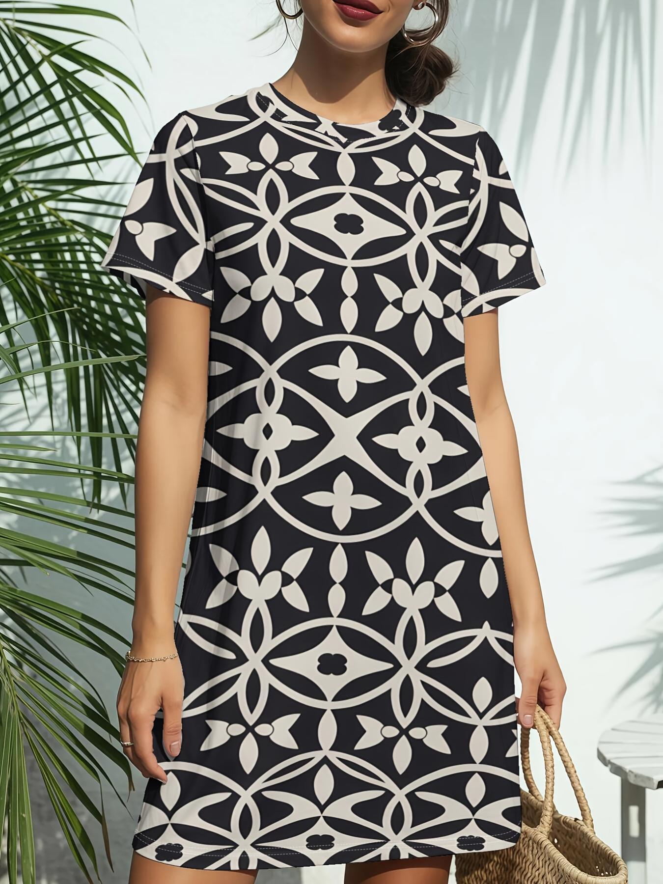 

Geo Grid MonoNew Arrival Women s Round Neck Short-Sleeve T-shirt Dress.American Trendy Digital Print. Casual Versatile Style for Spring and Summer.Ele S дубильная кора