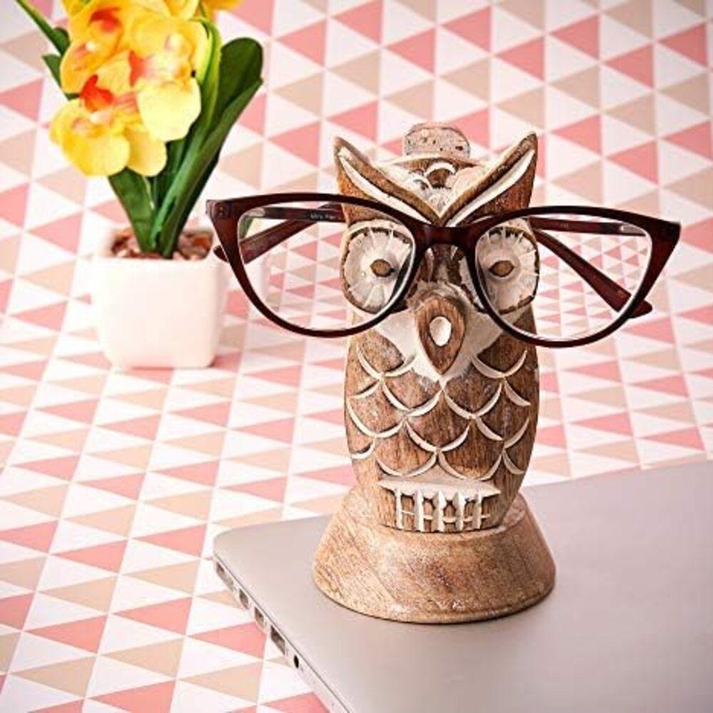 Eximious India Valentines Day Gifts Wooden Owl Glasses Holder Stand for Reading Nightstand Eyeglass Spectacle  Mom Dad Car SPWW19