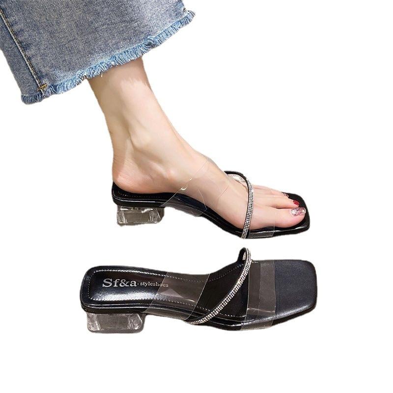 Cool slippers women wear 2025 summer new versatile rhinestone thick heel high heel fairy wind non-slip home sandals women