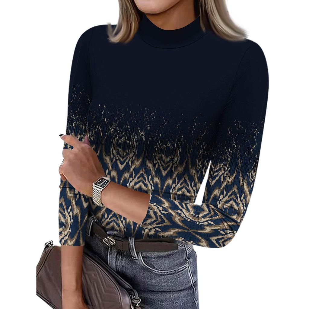 Damen Slim Bottom T-Shirt Mode Lässig Farbverlauf Druck Rundhals Pullover 3/4 Ärmel Top