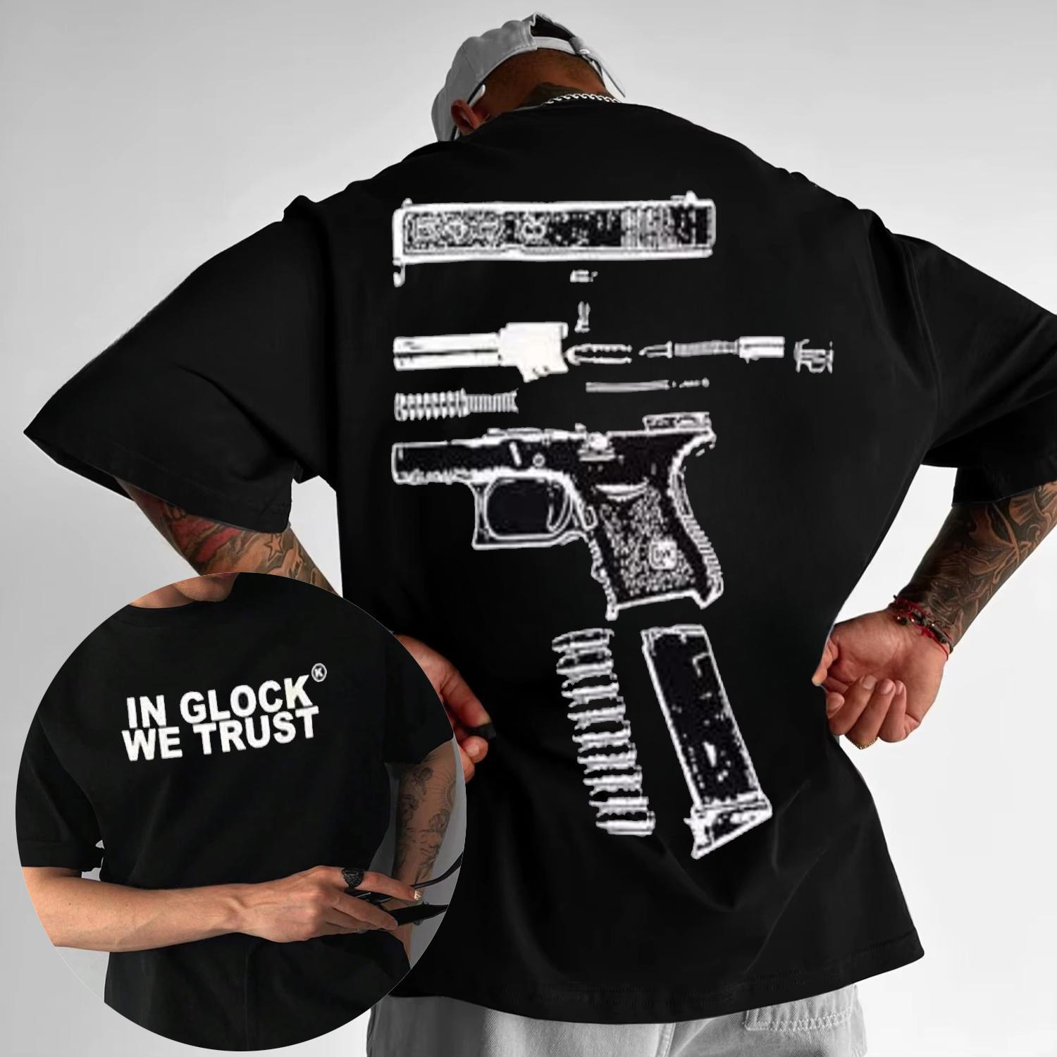 

2025 Summer Kixkz, GLOCK Men s Brand 100% Cotton Printed T-shirt, Women s WE TRUST Letter Printed Oversized T-shirt Trend Y2K S