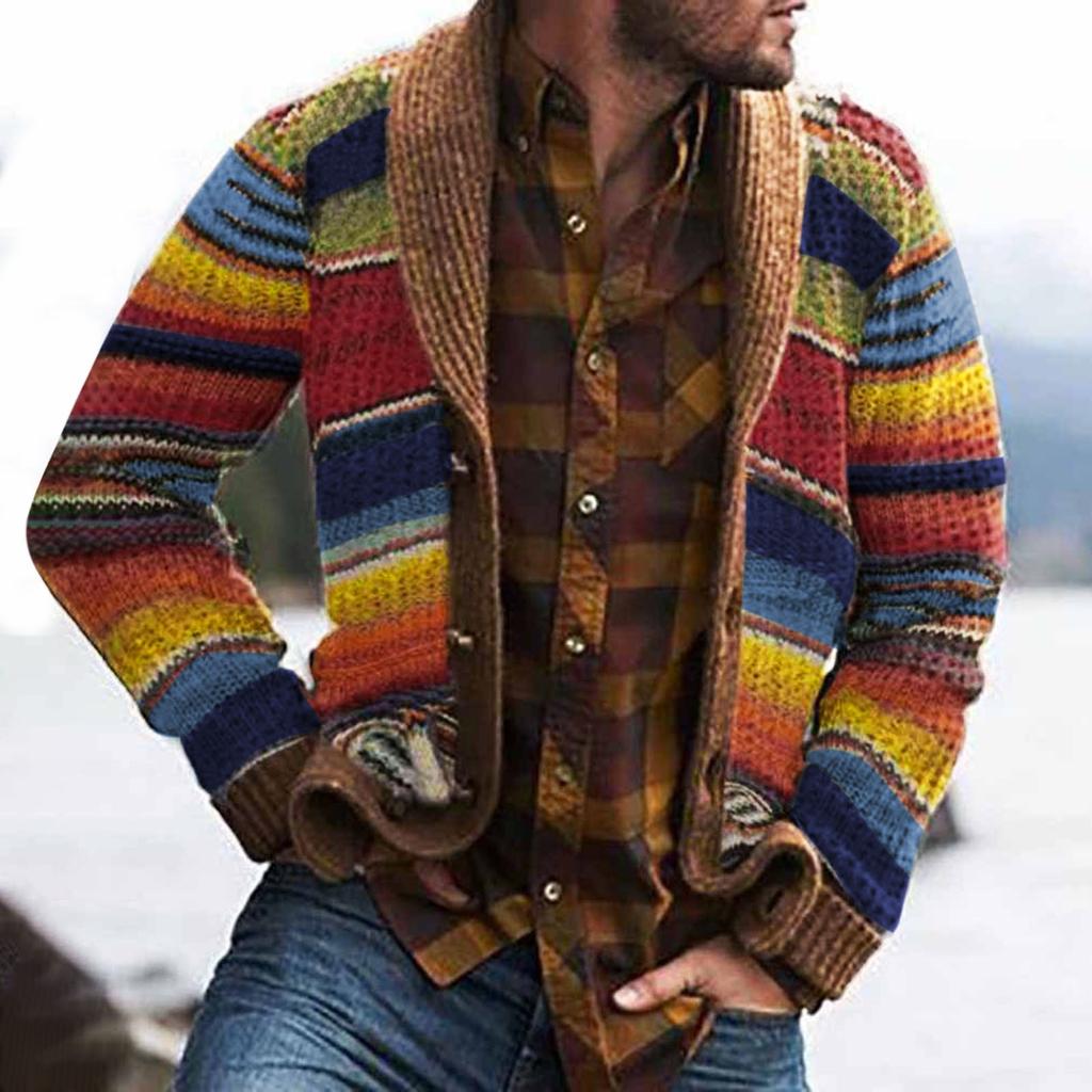 Men's Sweater Coat And Winter Lapel Color Contrast Knitted Cardigan