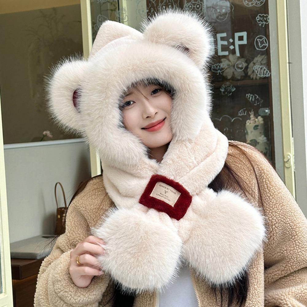 Thickened Plush Bear Hat Scarf Two-Piece Set Neck Warmer Hat Cute Ear Protection Hooded  Winter