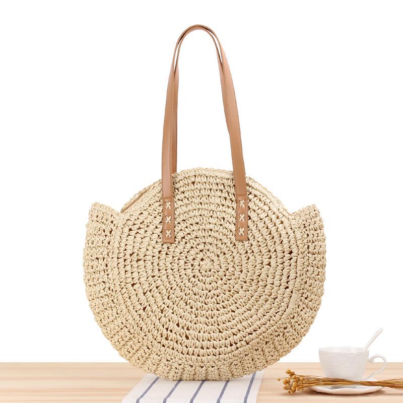 

Simple Round Woven Paper Rope Shoulder Bag - Women s Seaside Vacation Beach Tote