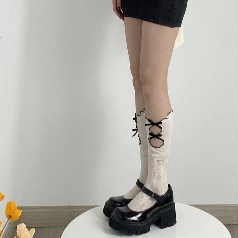 Ladies Spring and Summer Chinese Lovely Double Hollow Lace Lace Bow Fishing Net Calf Socks