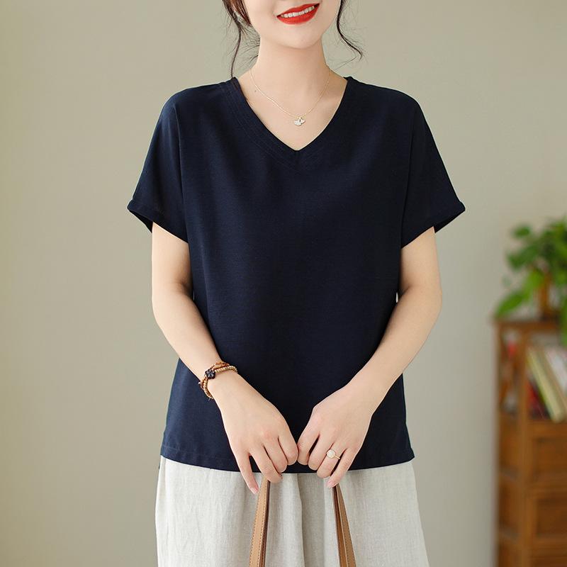 Women's Linen V-Neck Short-Sleeve Retro Top - Loose Casual Summer Style